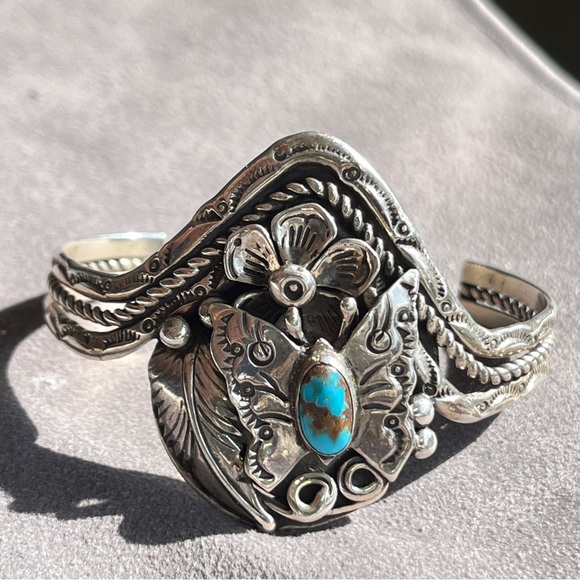 SOLD Jimmy F. Calabaza Signed Turquoise Sterling Silver Butterfly Kewa Bracelet - Picture 2 of 13